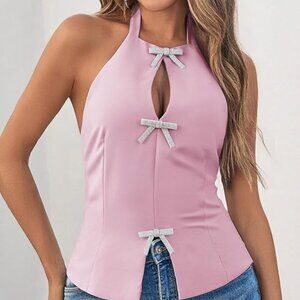 Cute Bow Halter Tank Tops Sexy Keyhole Backless Slim Fit Crop Tops Y2k Summer